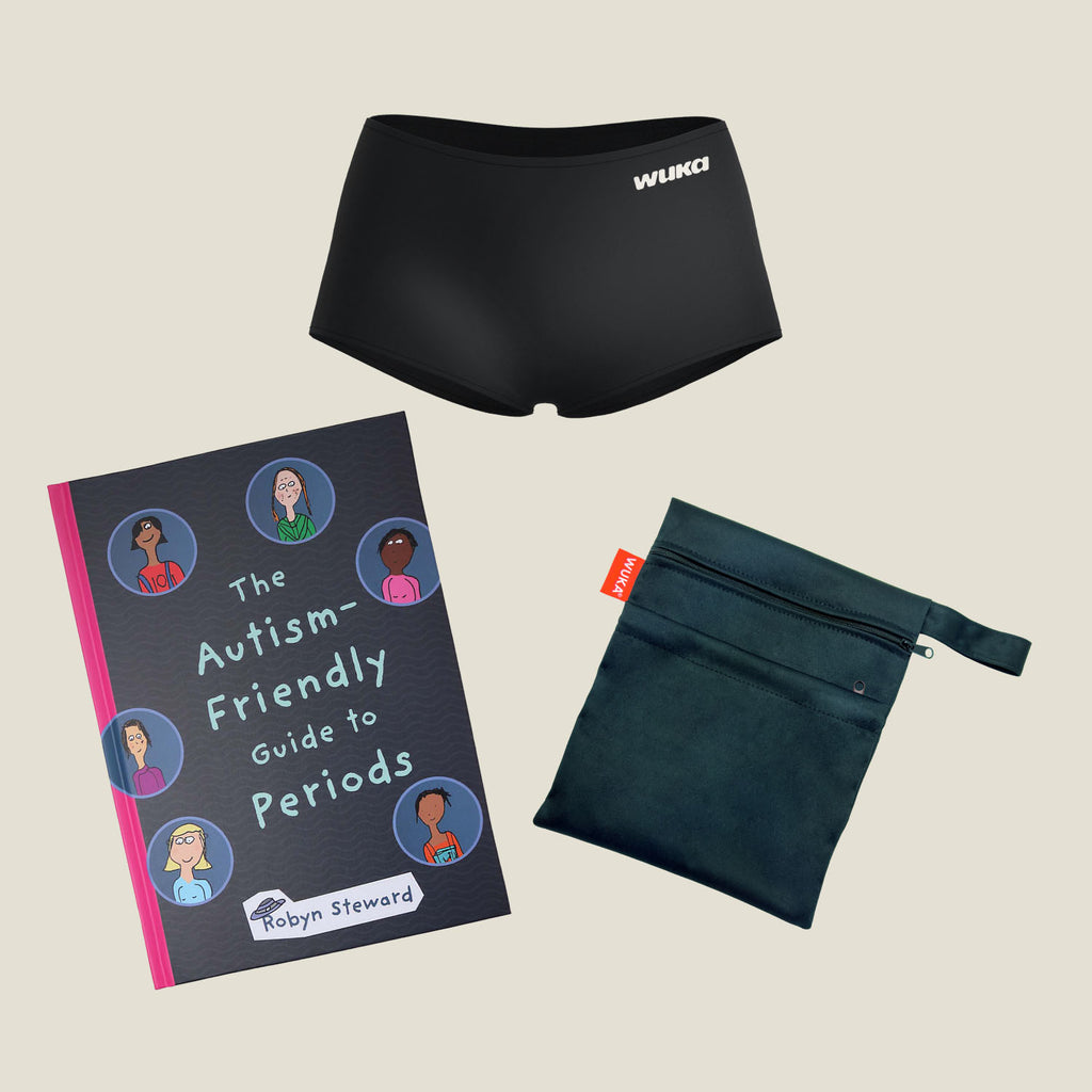 WUKA Teen First Period Kit featuring black Stretch™ Boxer Short, 'The Autism-Friendly Guide to Periods' book by Robyn Steward, and black waterproof wet bag – inclusive period starter pack for neurodivergent teens.
