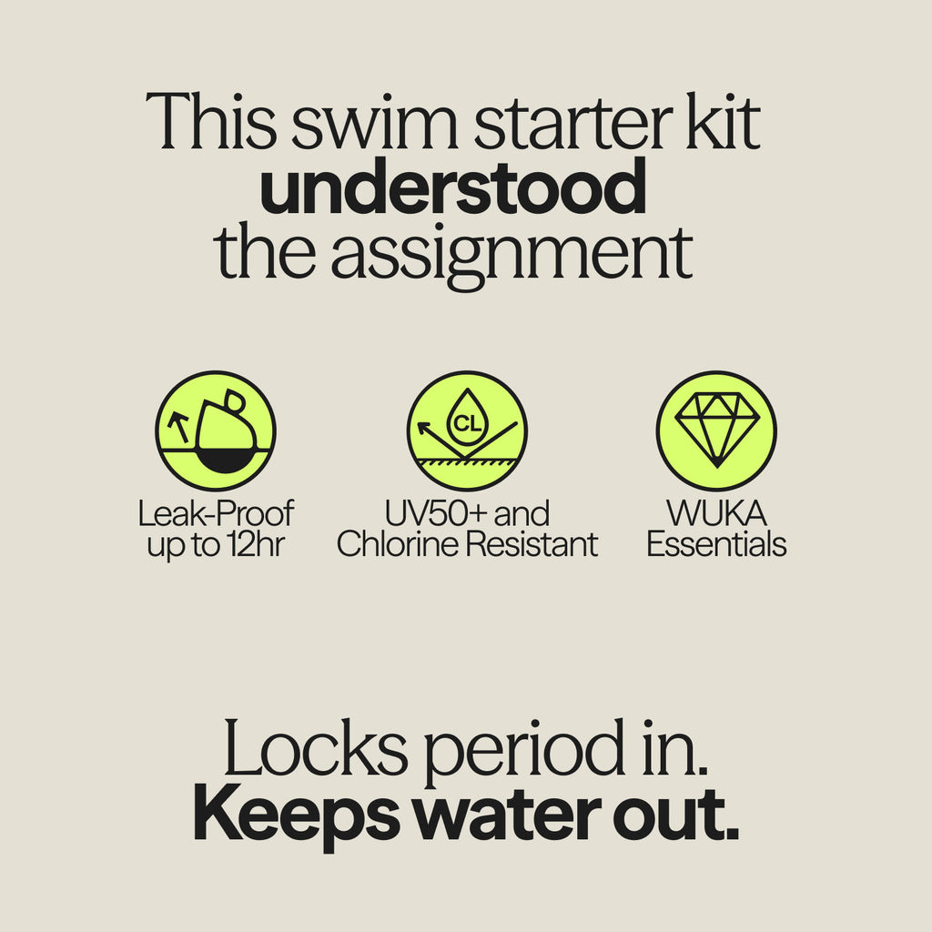 Period-proof swim shorts benefits showing leak-proof protection up to 12 hours, UV50+ and chlorine resistant design