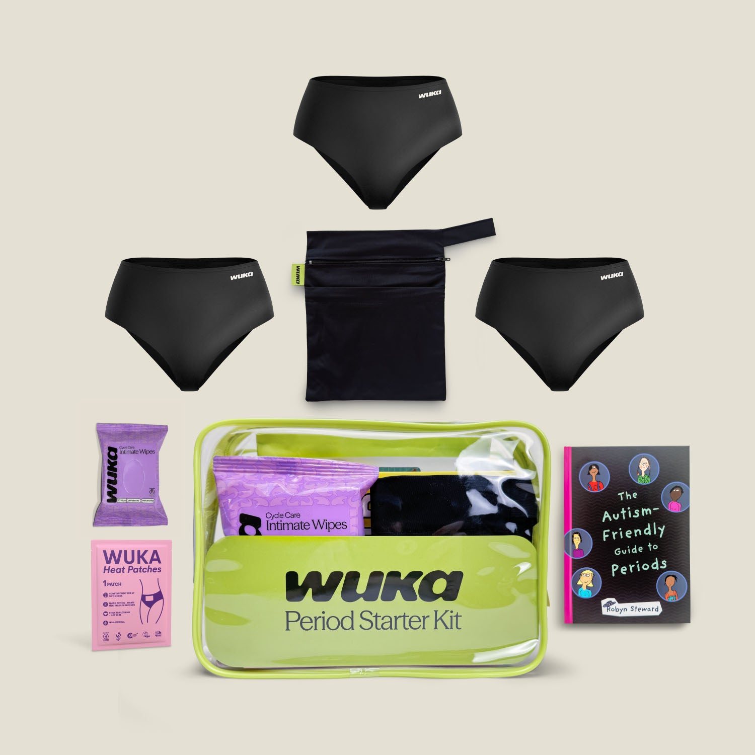 WUKA Period Starter Kit with three pairs of reusable period pants, wet bag, wipes, heat patch and The Autism-Friendly Guide to Periods