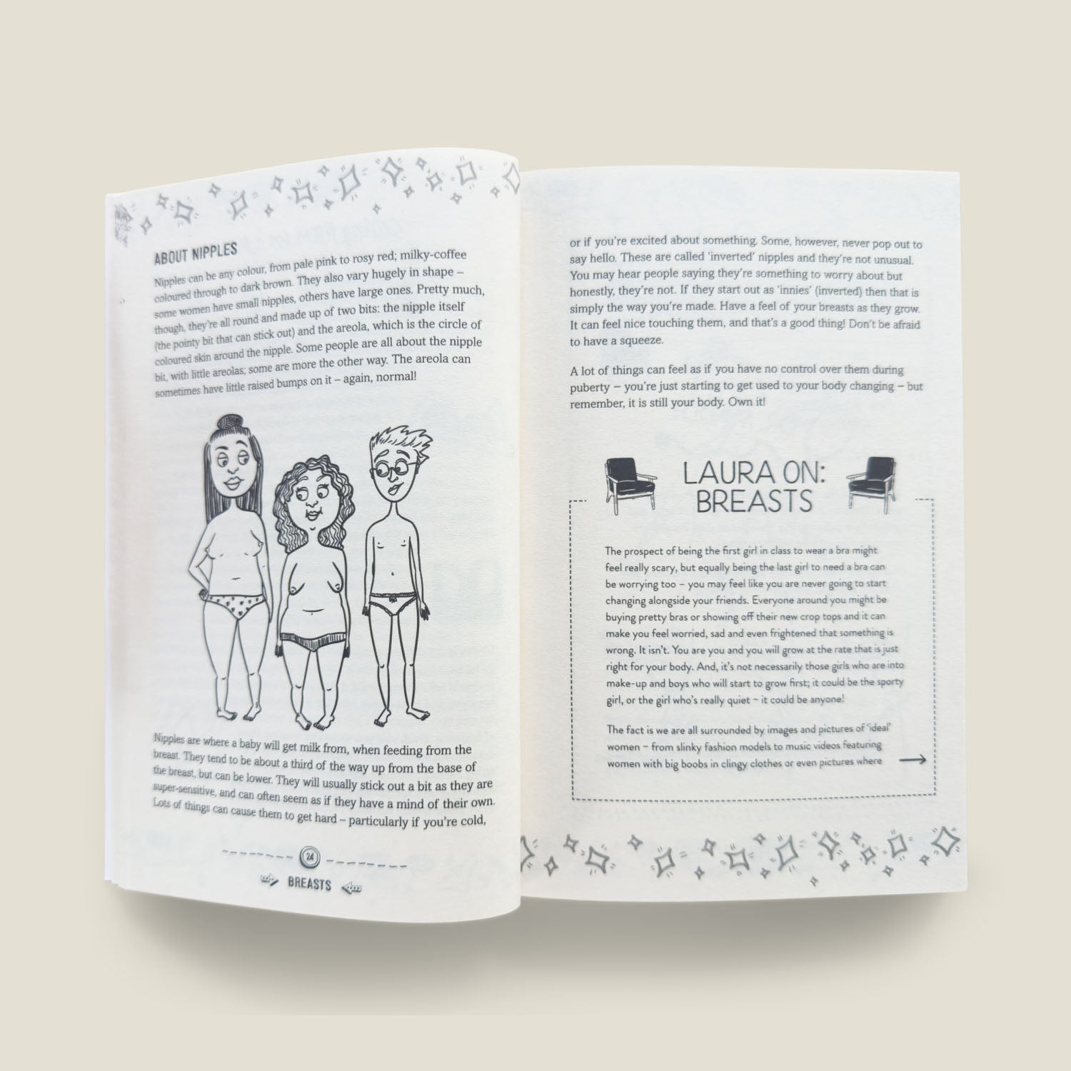 Open spread of The Girls' Guide to Growing Up Great discussing breast development and body confidence during puberty, with inclusive illustrations.