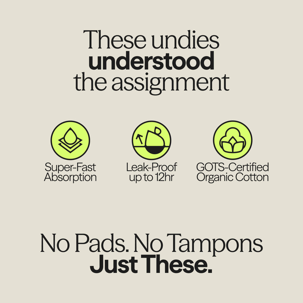 WUKA Ultimate™ Bikini period pants features – 12-hour leak-proof protection, fast absorption, and GOTS-certified organic cotton.