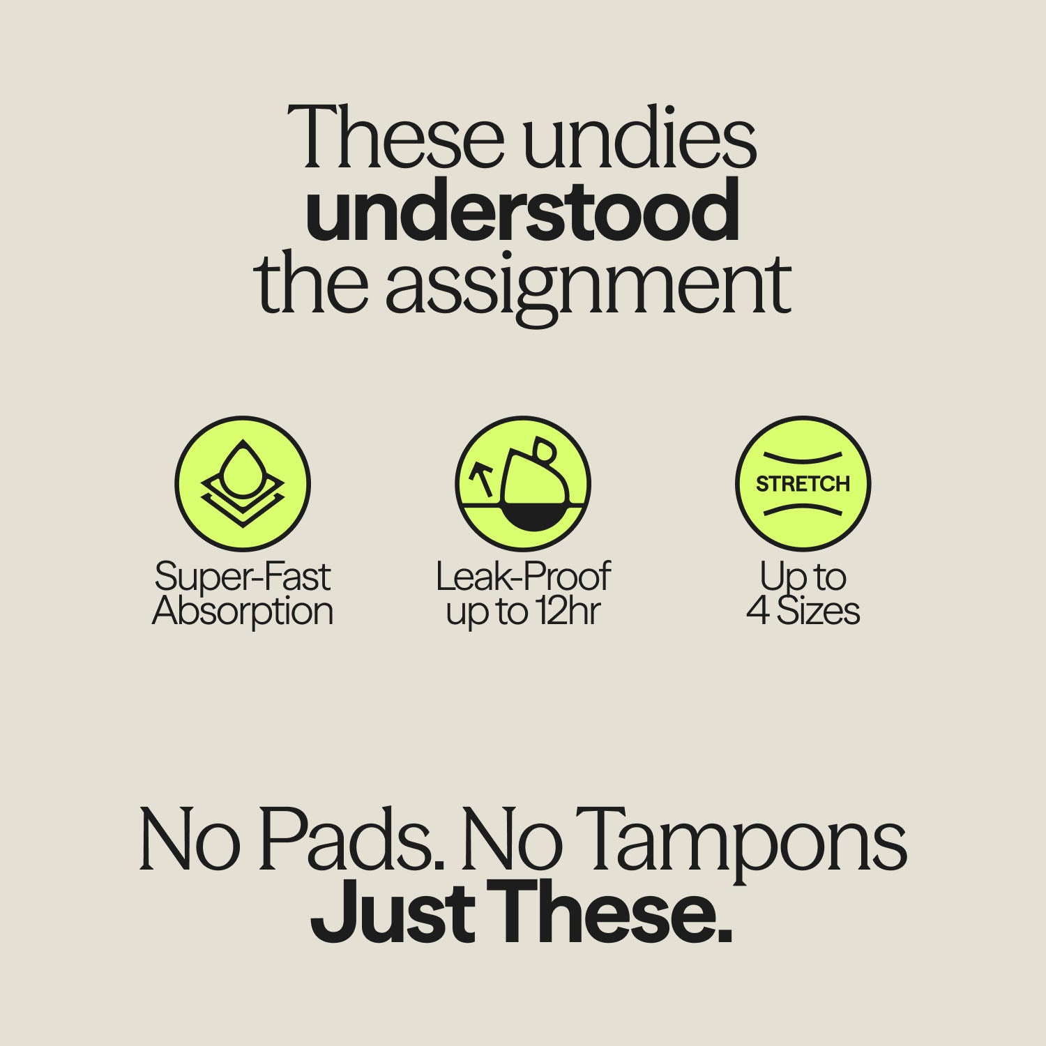 Infographic highlighting WUKA Stretch Thong features: super-fast absorption, up to 12 hours leak-proof protection, and a flexible fit across four sizes.