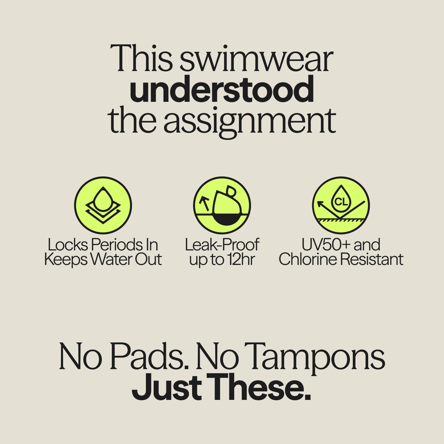 Infographic highlighting WUKA period swimwear features – 12-hour leak-proof protection, UV50+, chlorine resistant, no pads or tampons needed.