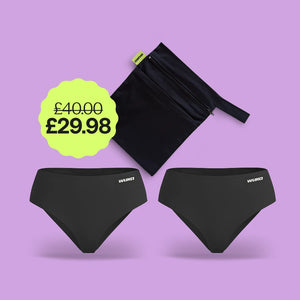 WUKA teen period underwear school set with reusable leak-proof pants and changing bag, designed for heavy flow and all-day school wear