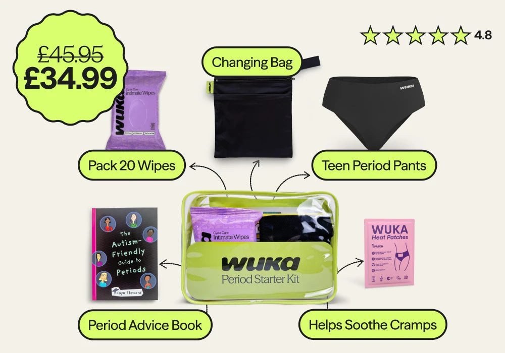 WUKA Period Starter Kit with teen period pants, wipes, changing bag and advice book, designed to support girls through their first period with confidence