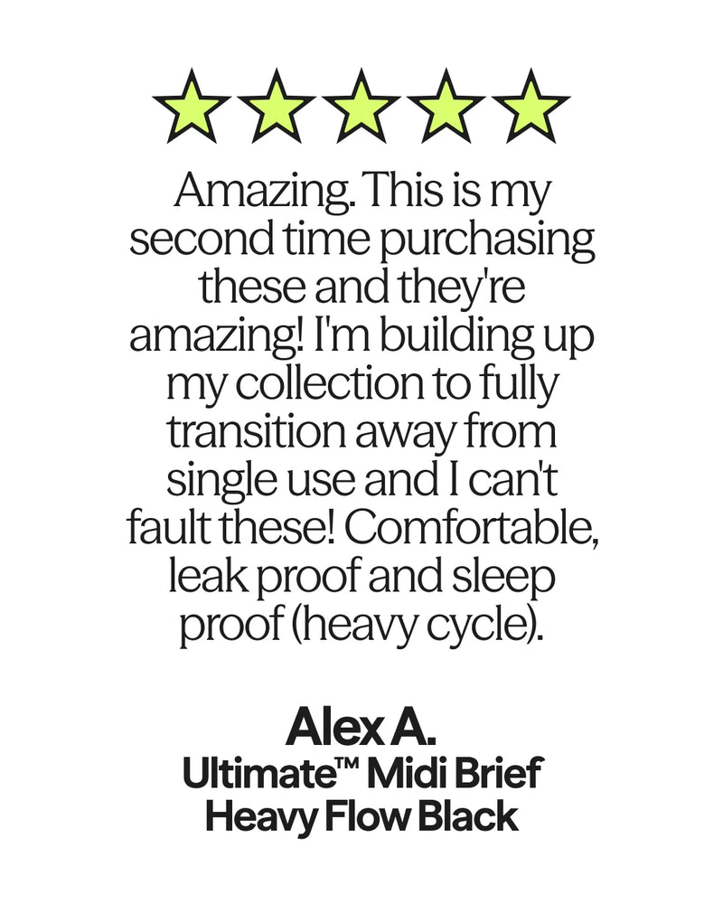 Five-star customer review of WUKA Ultimate Midi Brief heavy flow period pants - comfortable, leak-proof and sleep-proof
